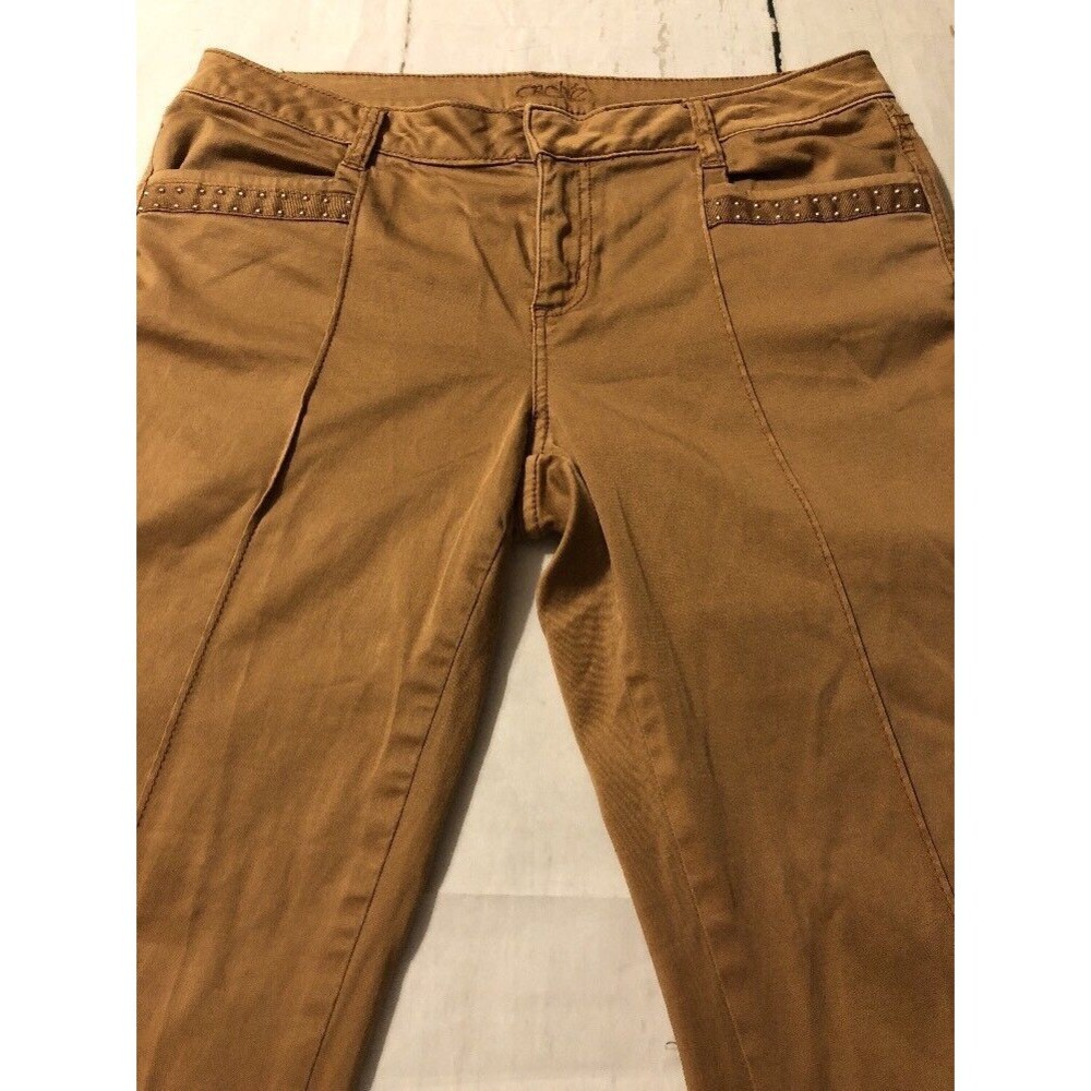 Caché Women's Pant Brown Studded Stretch Flap Pocket Pant Size 10 X 28